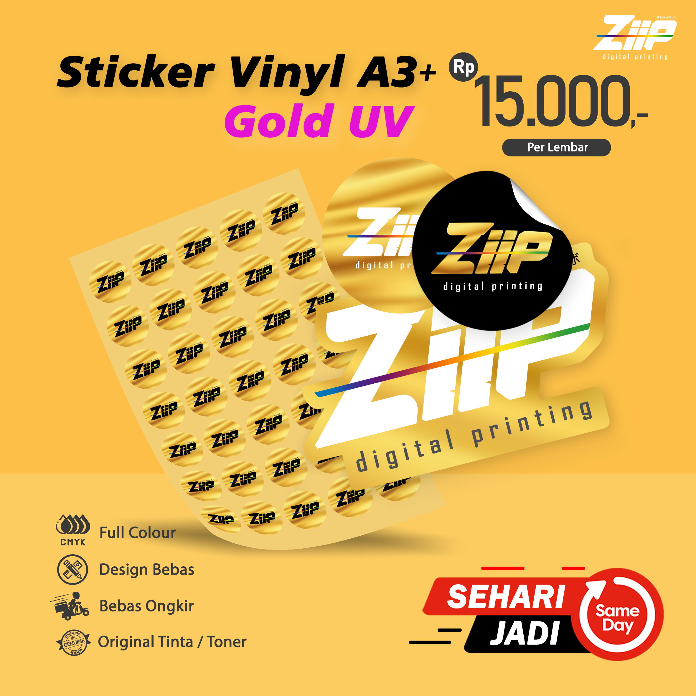 Cetak Stiker Vinyl Gold UV A3+